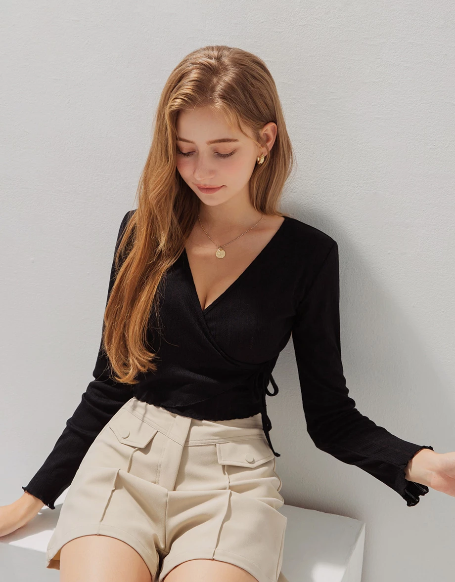 Criss-Cross Lettuce-Edge Hem Side-Tie Crop Top