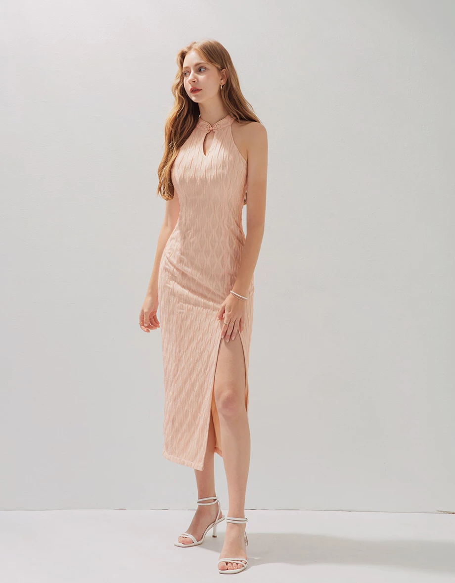 銀蔥紋路感削肩開衩長旗袍洋裝