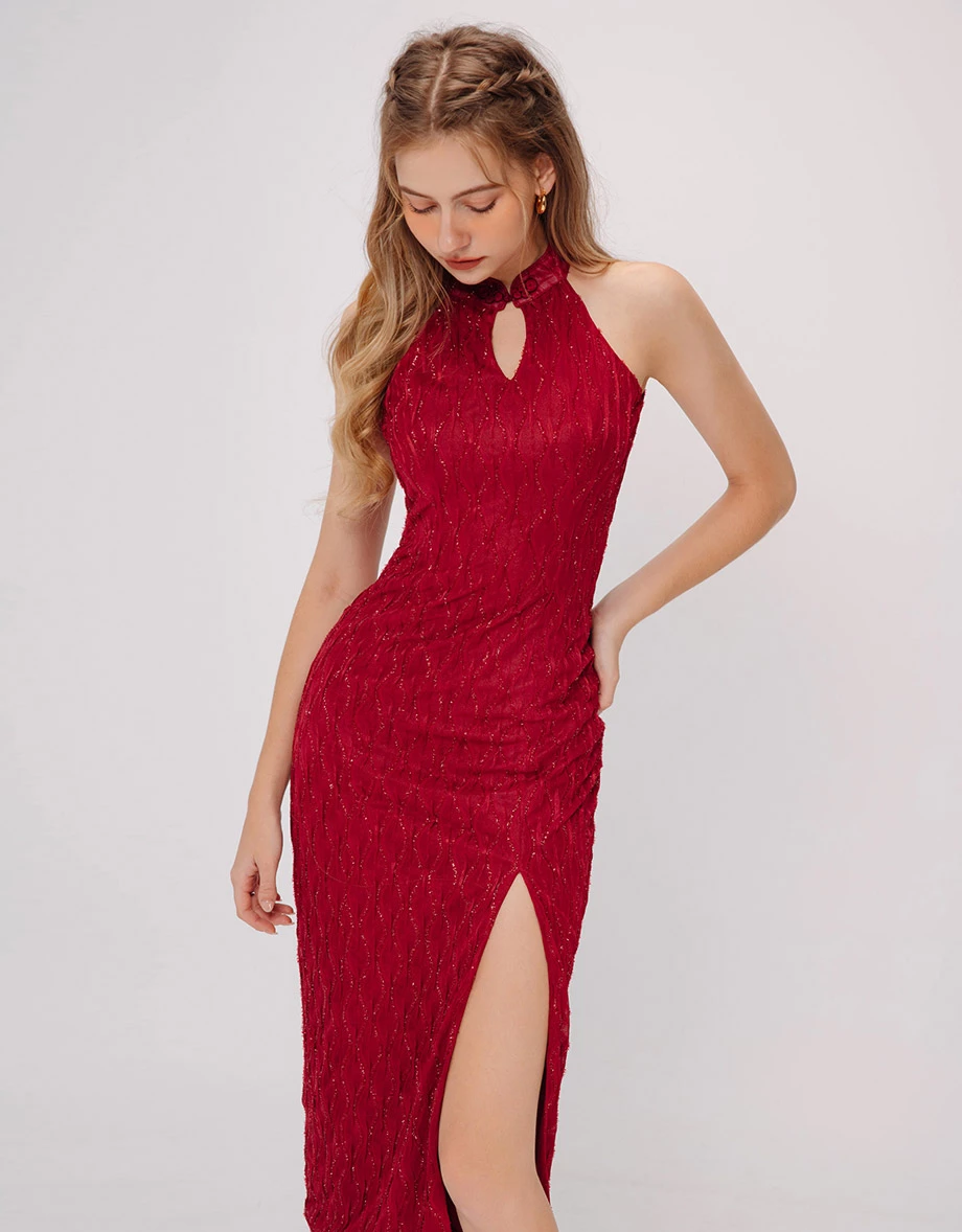 Gaun Maxi Midi Qipao Kain Mermaid dengan Leher Halter