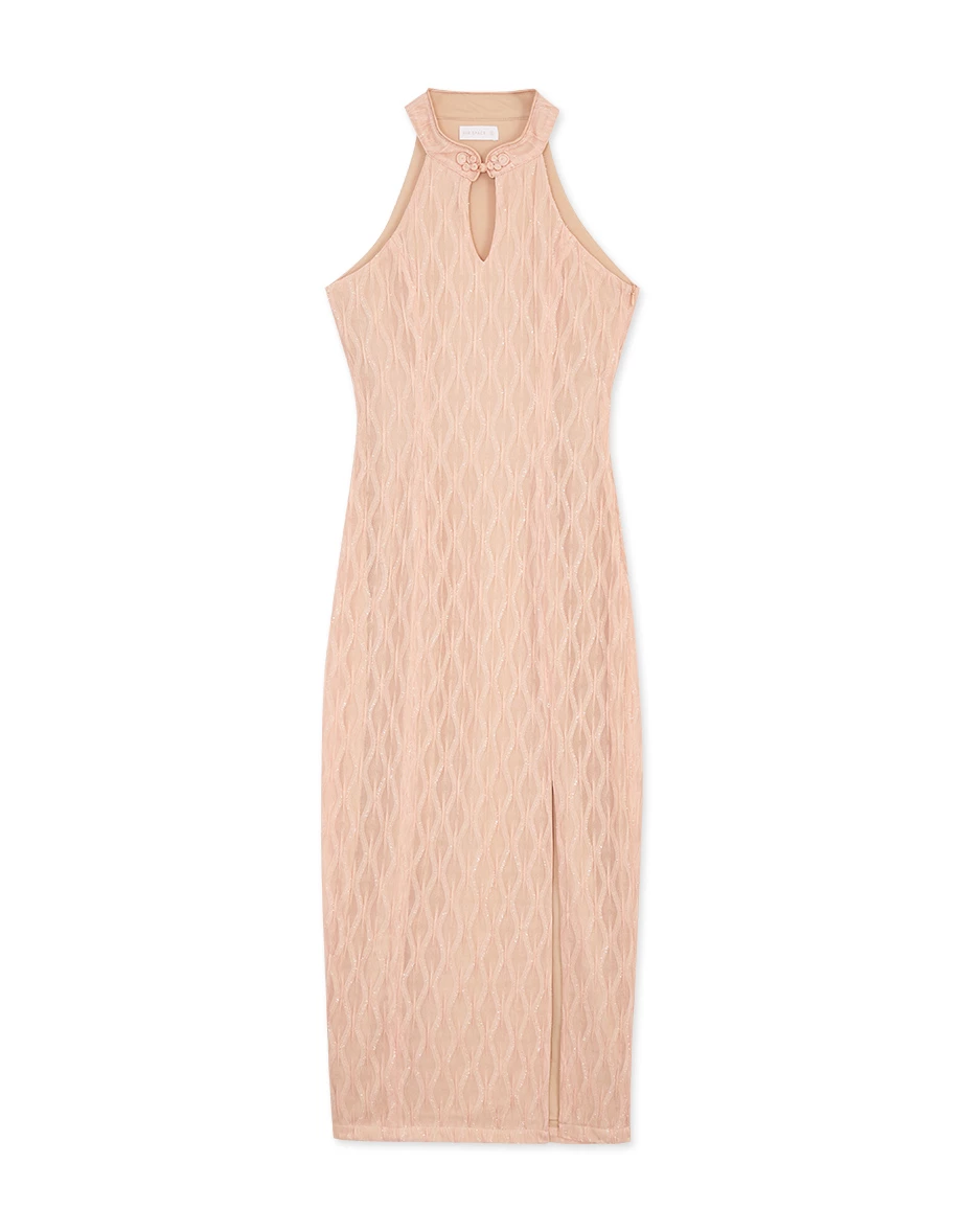 銀蔥紋路感削肩開衩長旗袍洋裝