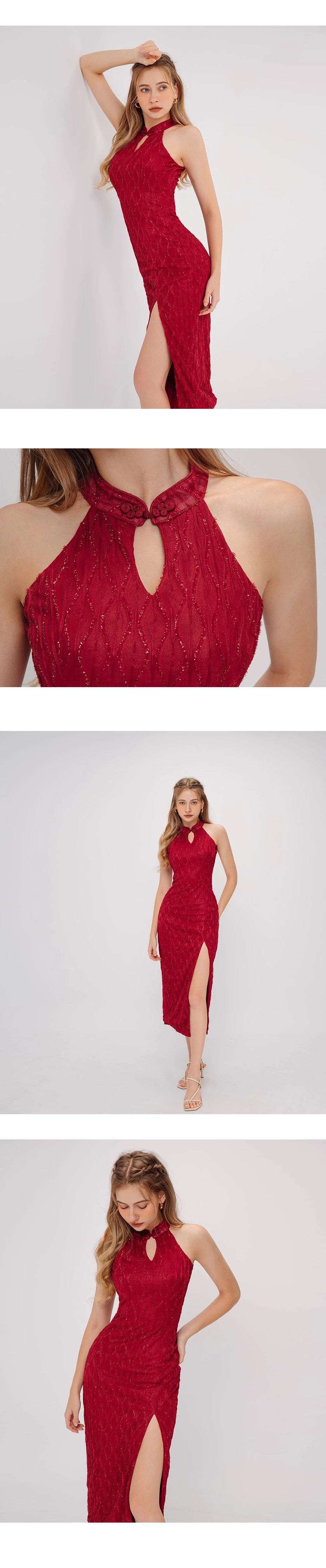 Gaun Maxi Midi Qipao Kain Mermaid dengan Leher Halter