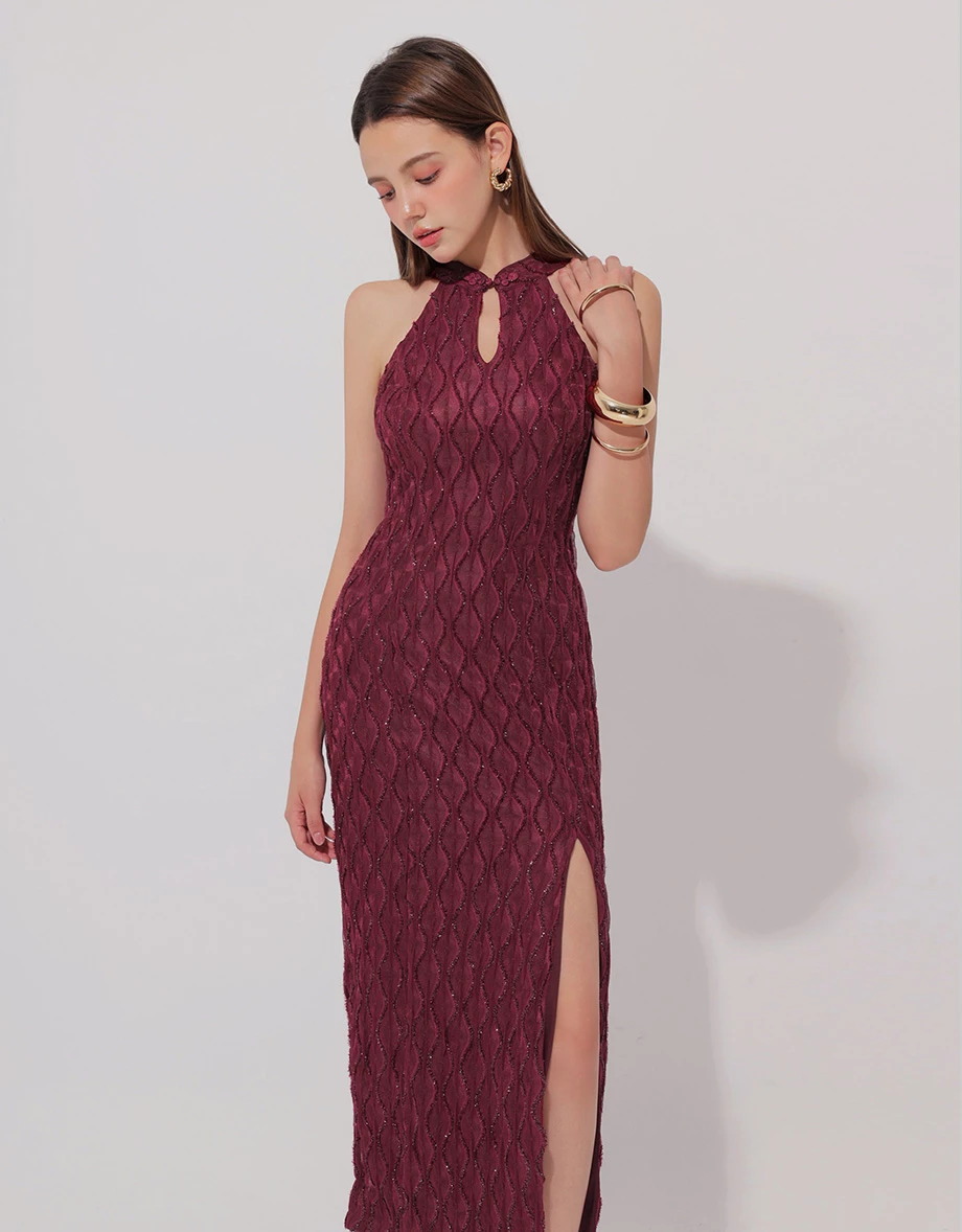 Gaun Maxi Midi Qipao Kain Mermaid dengan Leher Halter