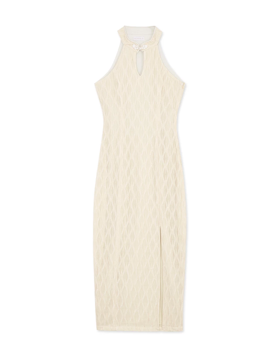 銀蔥紋路感削肩開衩長旗袍洋裝