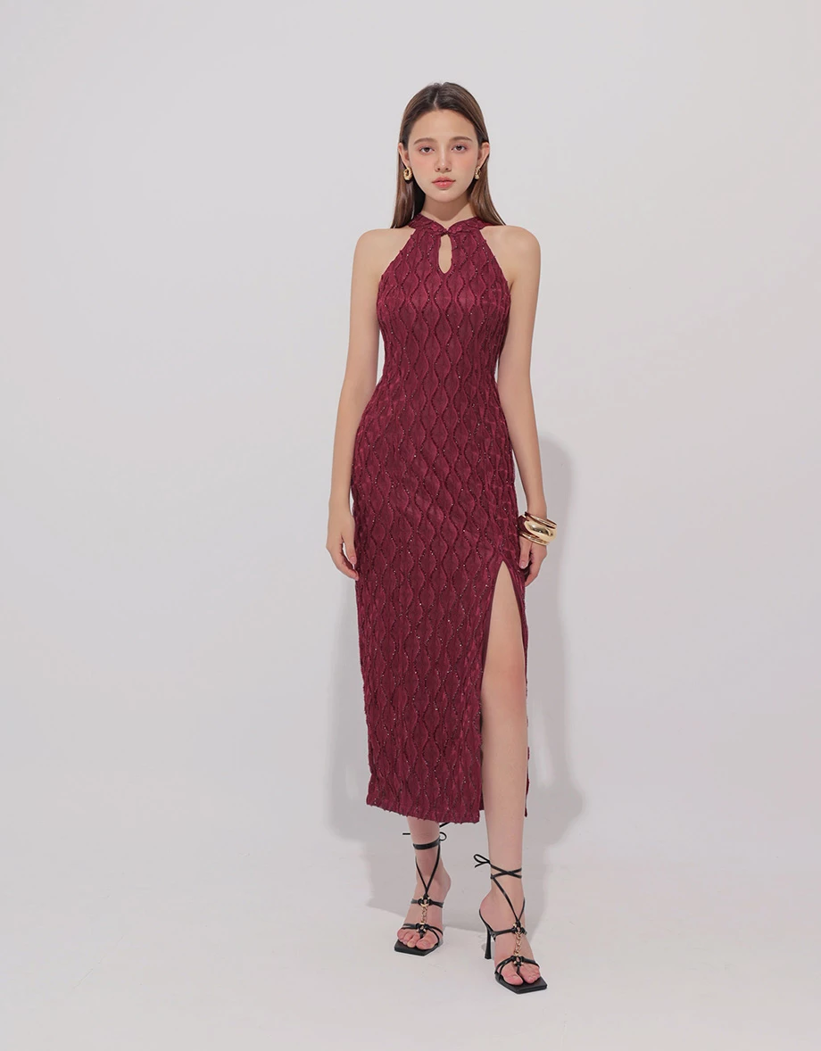 Qipao DRESS Mermaid Fabric Halter Neck Cheongsam Maxi Midi Dress