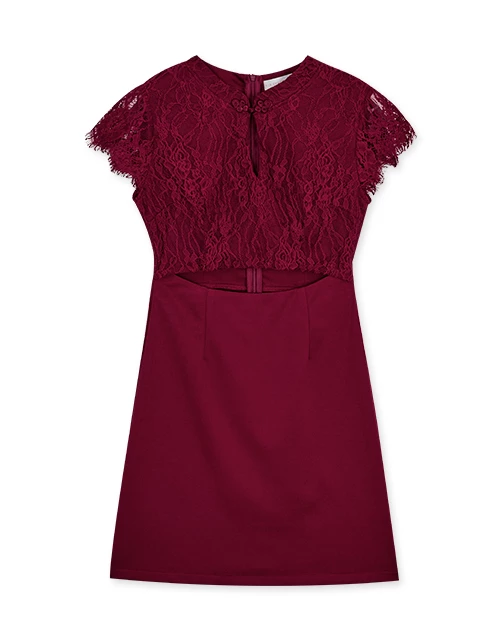 蕾絲拼接腰鏤空短旗袍洋裝