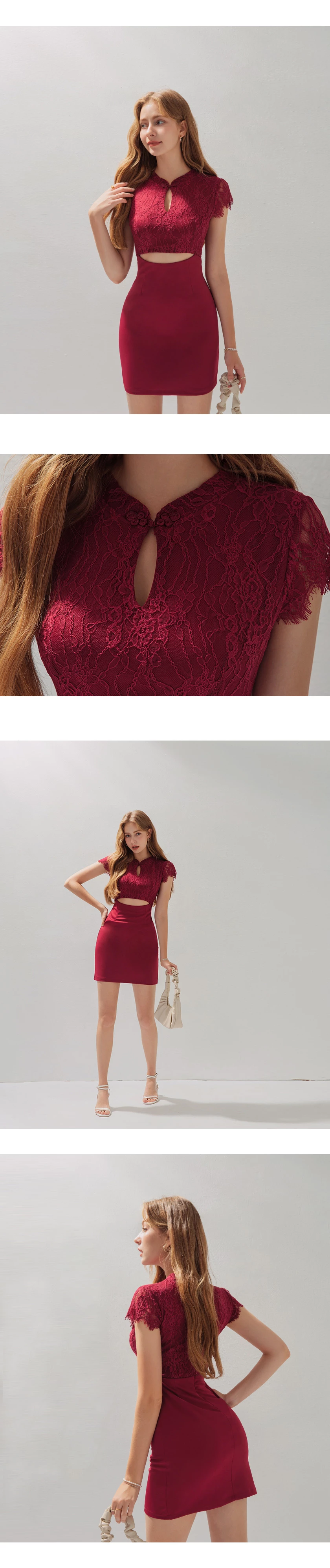 Gaun Mini Qipao Renda Merah Dua Bahagian Palsu dengan Potongan Pinggang