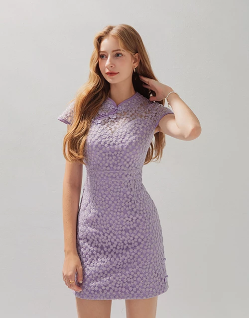 Qipao DRESS With Side Slit Lace Mini Exclusive Design Cheongsam