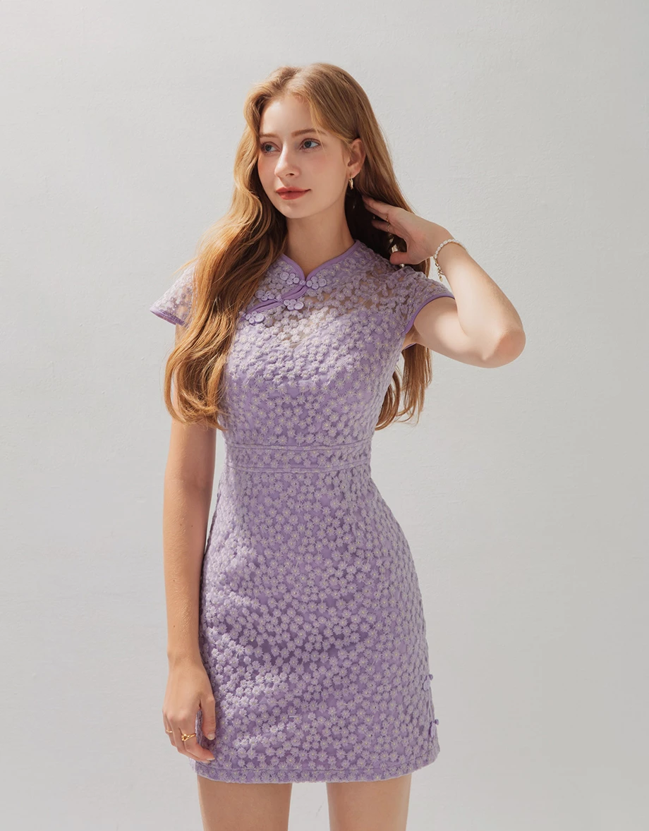 Qipao DRESS With Side Slit Lace Mini Exclusive Design Cheongsam
