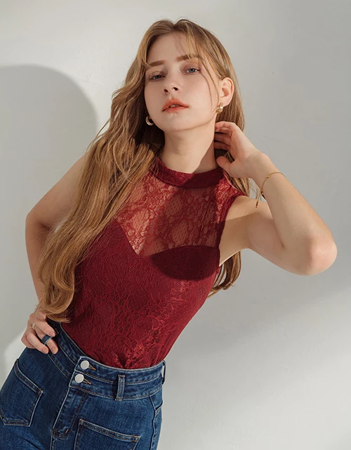 Delicate Lace Splice Sheer Tank Top (With Padding) Delicate Lace Splice Sheer Tank Top (With Padding)