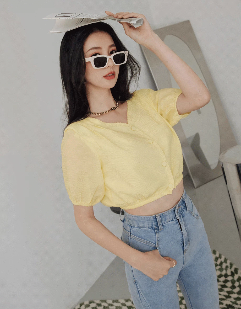 Whimsical Textured Cinched Waist Crop Top (With Shoulder Pads)