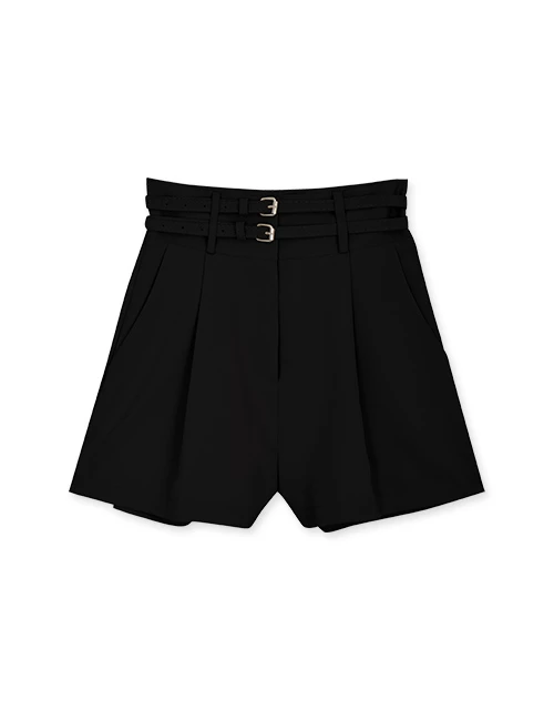 High Waisted Double Belted Pleated Shorts