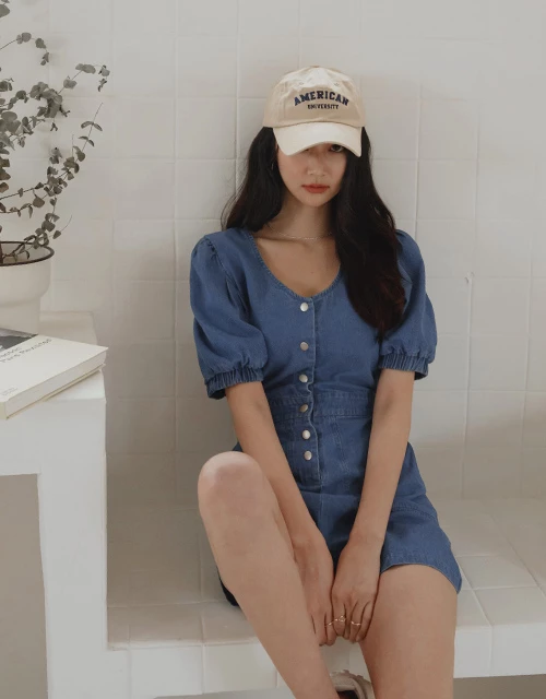 Whimsical Puff Sleeve Button -Up Denim Jeans Playsuit