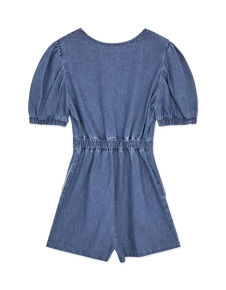 Whimsical Puff Sleeve Button -Up Denim Jeans Playsuit
