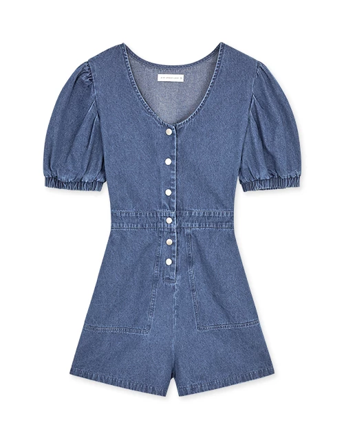 Whimsical Puff Sleeve Button -Up Denim Jeans Playsuit