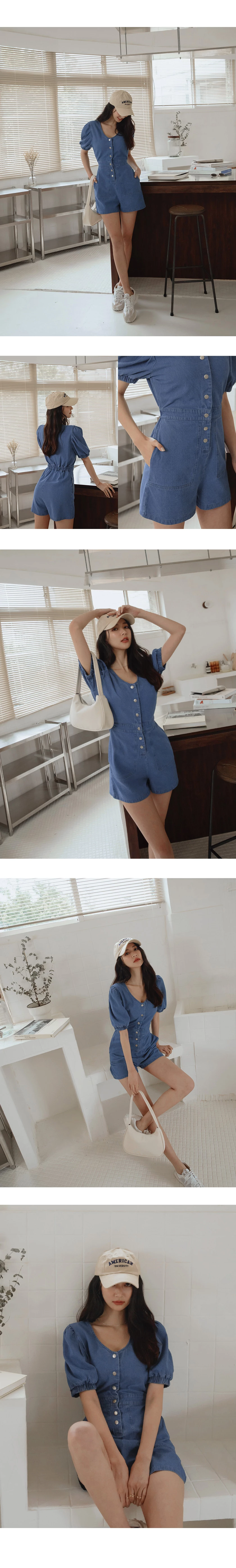 Whimsical Puff Sleeve Button -Up Denim Jeans Playsuit
