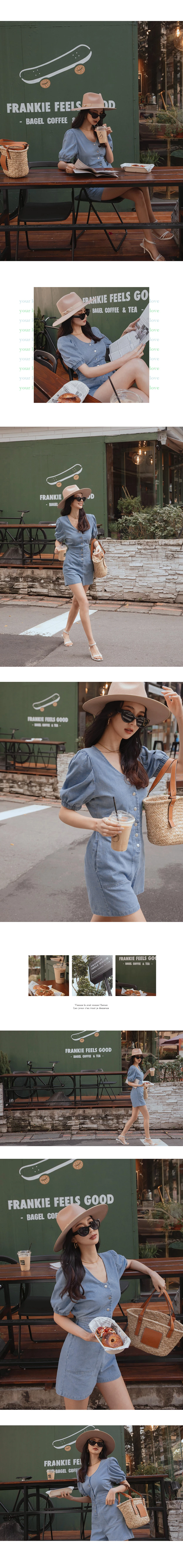 Whimsical Puff Sleeve Button -Up Denim Jeans Playsuit