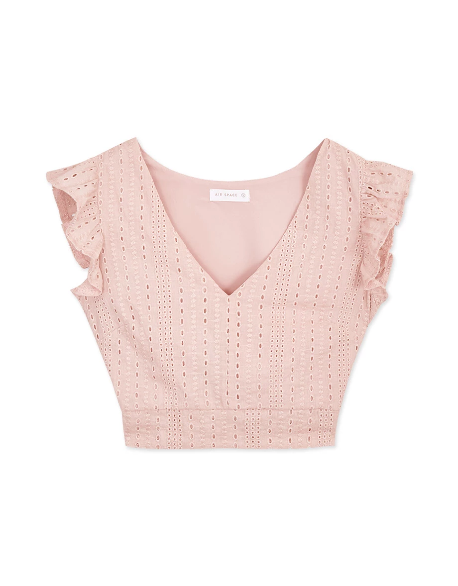 Eyelet Lace Ruffled Sleeve Crop Top