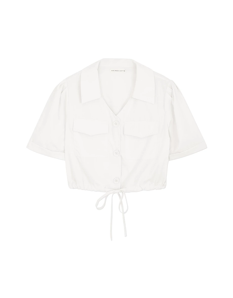 Double Pockets Waist Drawstring Crop Blouse Shirt