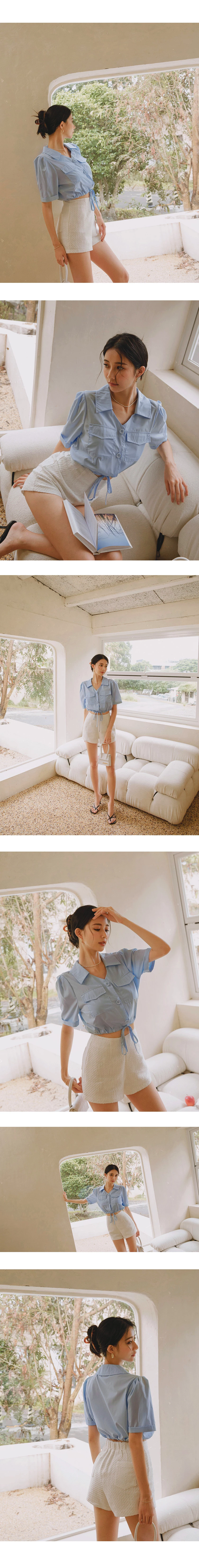 Double Pockets Waist Drawstring Crop Blouse Shirt