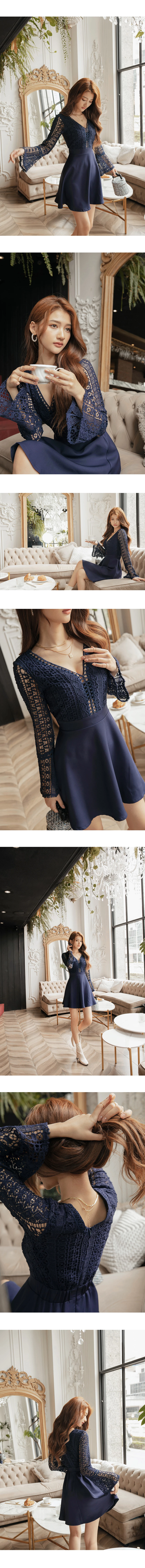 V-Neck Translucent Lace Wide Sleeve Mini Dress V-Neck Translucent Lace Wide Sleeve Mini Dress