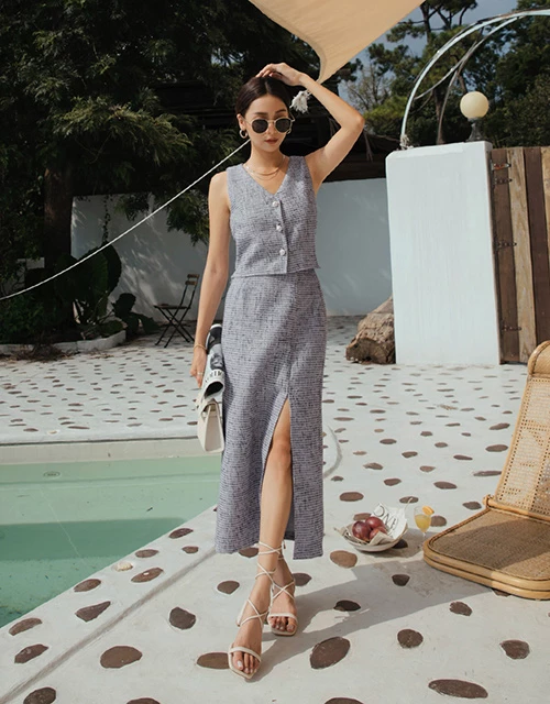 Classic Tweed Slit Maxi Skirt