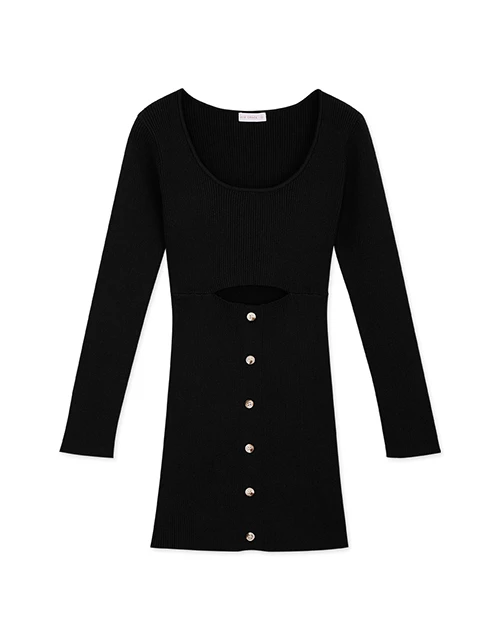 U-Neckline Button-Down Knit Mini Dress