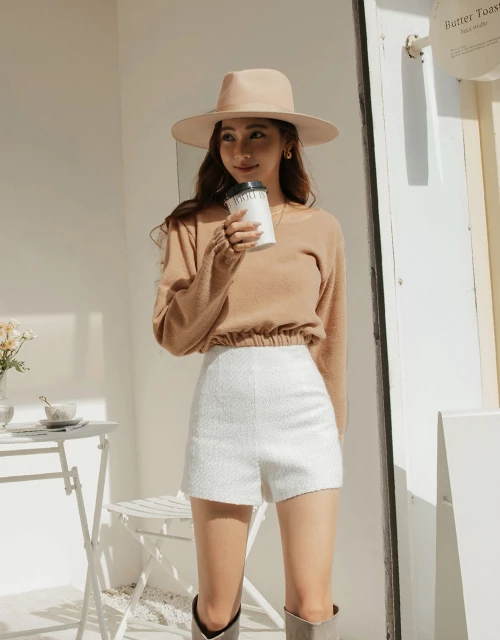 U Neck Tweed Loose Crop Top