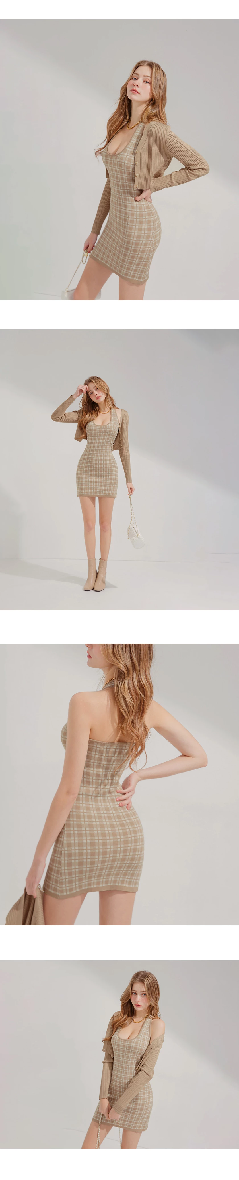 Halter Neck Two Piece Plaid Tank Dress