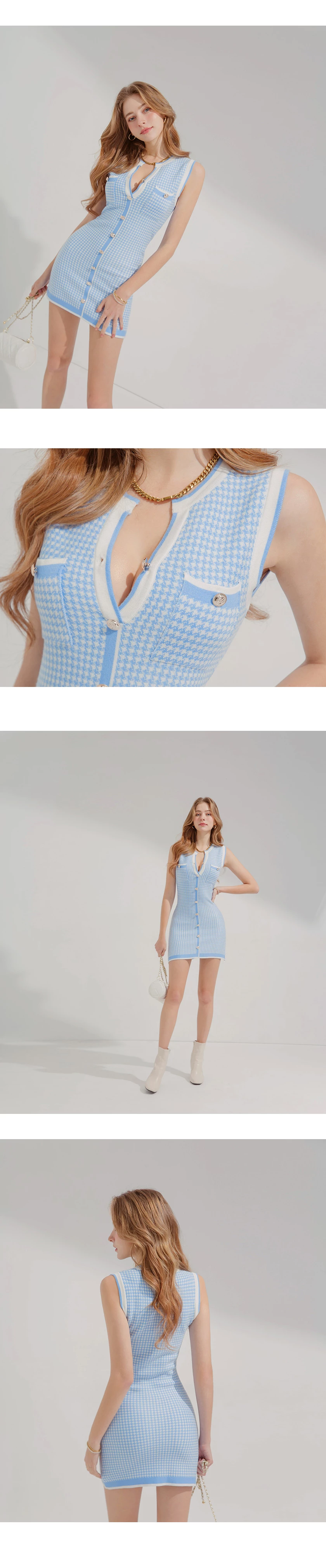 Houndstooth Contrast Gold Buckle Mini Dress