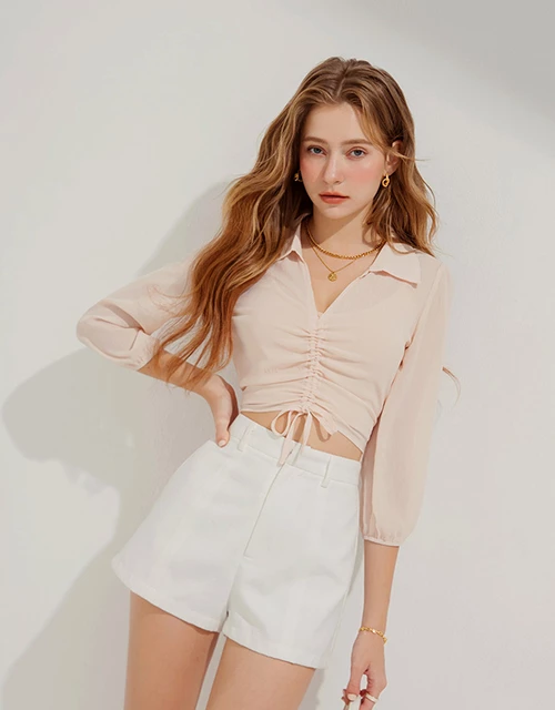 Two-Piece Sheer Drawstring Cropped Shirt