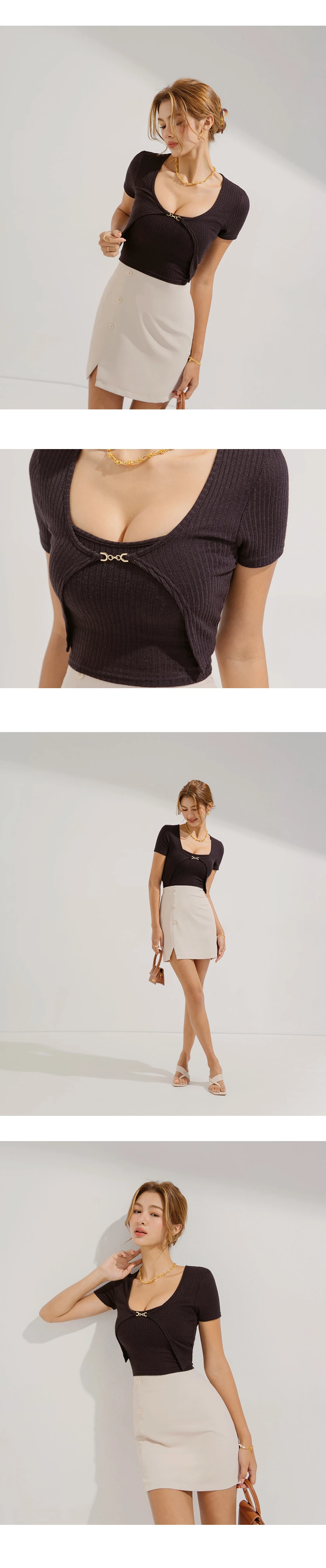 Two-Piece Gold Button Knit Crop Top (With Padding)