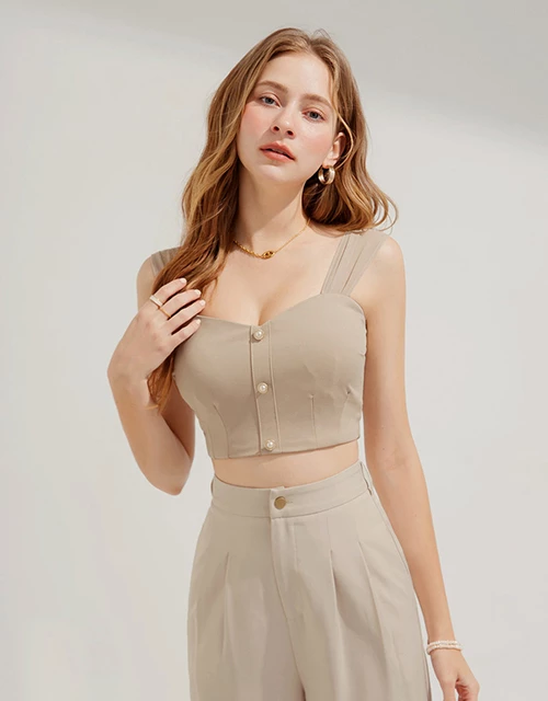 Sheer Strap Pearl Buckle Tank Top (With Padding)