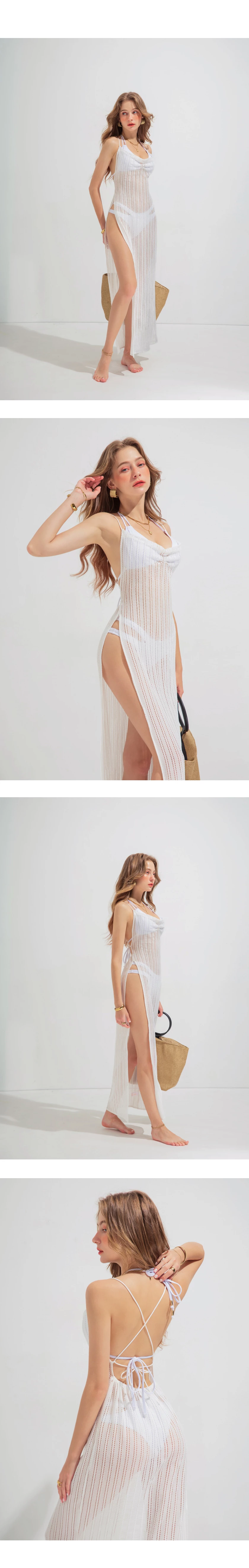 【BEACH COVER】Hollow Crochet SideSlit Long Dress
