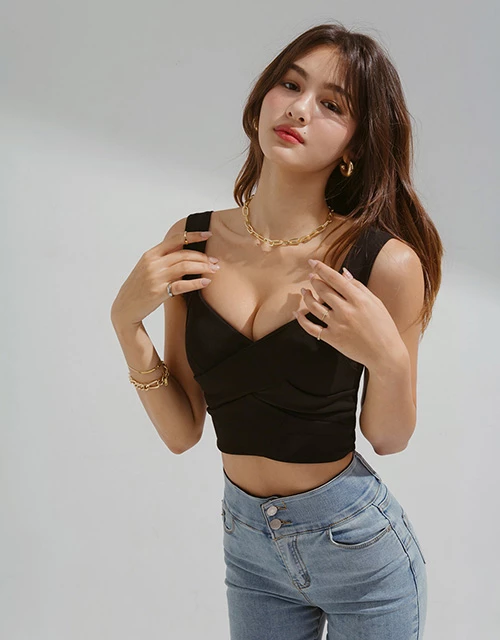 交叉車褶收副乳短版背心(附胸墊)