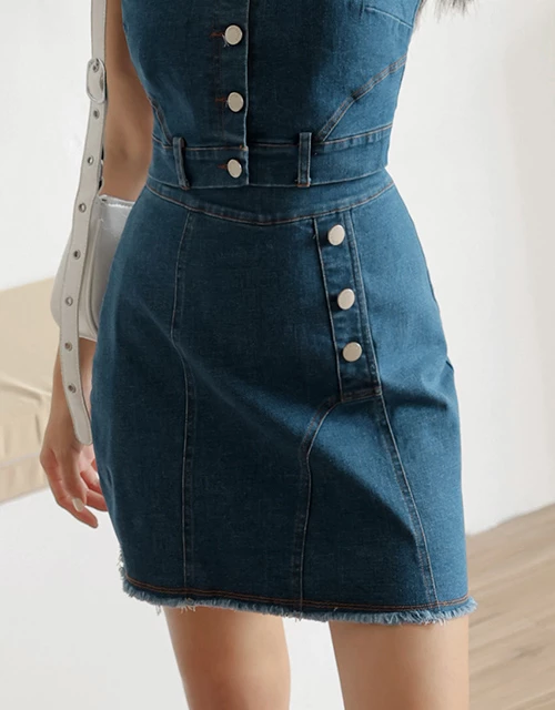 Detailed Distressed Hem Denim Jeans Skirt