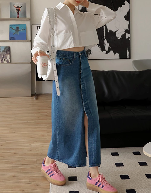 Concealed Placket Slit Denim Jeans Maxi Skirt
