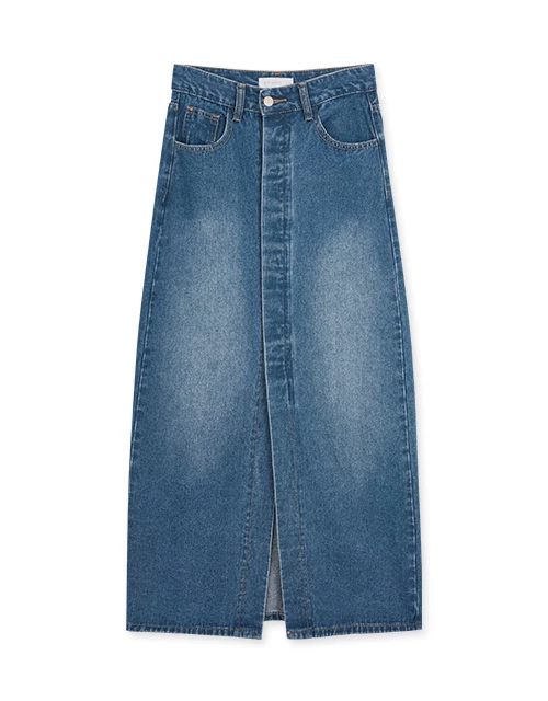 Concealed Placket Slit Denim Jeans Maxi Skirt