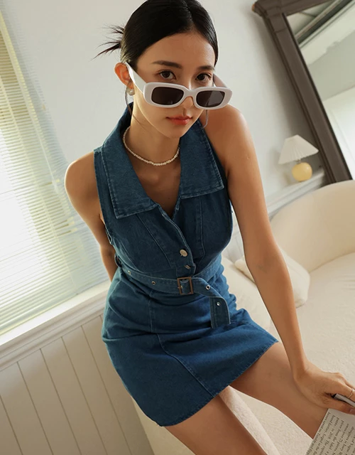 Open Collar Denim Vest Mini Dress (With Belt)