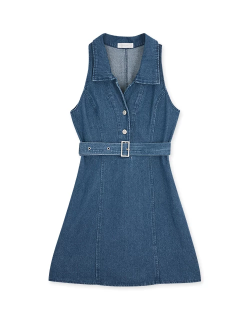 Open Collar Denim Vest Mini Dress (With Belt) Open Collar Denim Vest Mini Dress (With Belt)