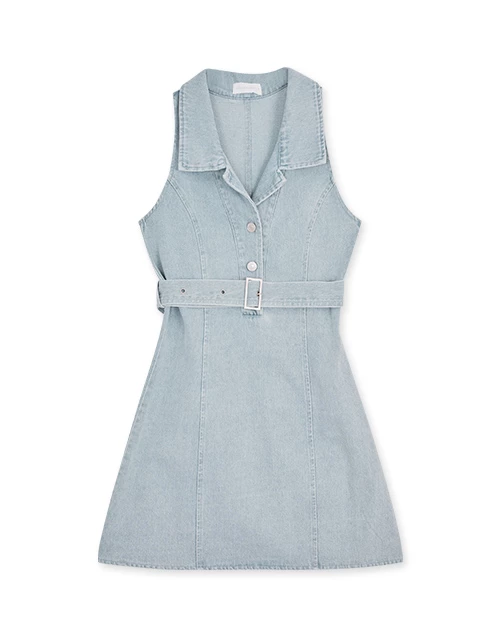 Open Collar Denim Vest Mini Dress (With Belt)