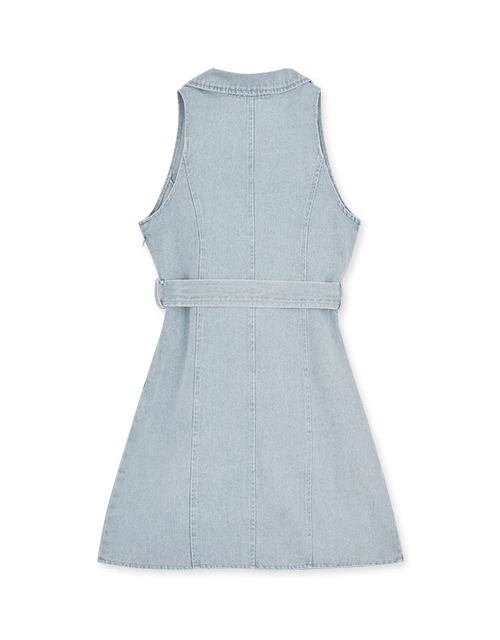 Open Collar Denim Vest Mini Dress (With Belt)