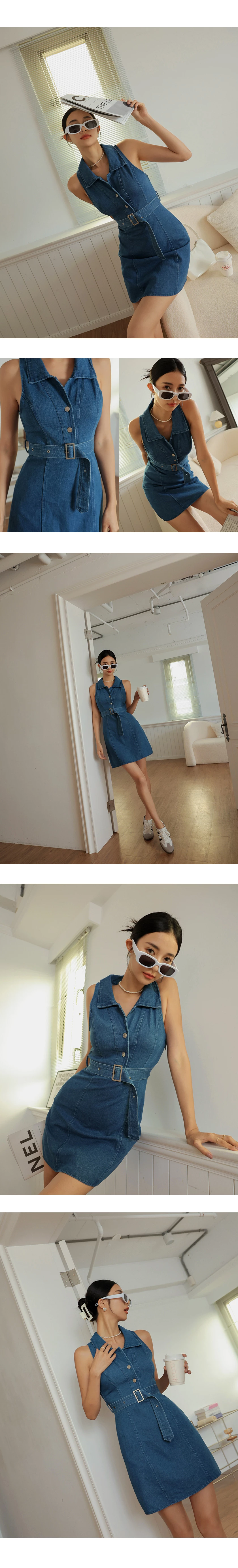 Open Collar Denim Vest Mini Dress (With Belt) Open Collar Denim Vest Mini Dress (With Belt)