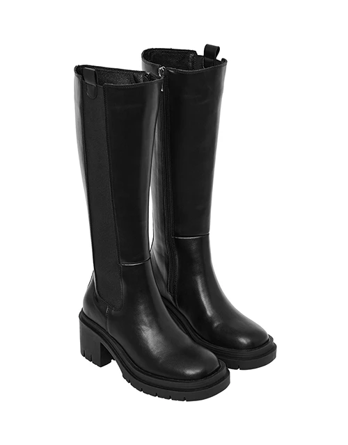 側拉鍊鬆緊中跟長靴