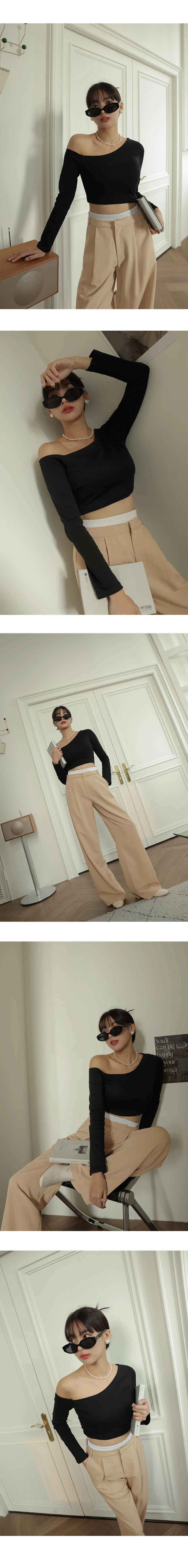 Sloping Shoulder Smooth Long Sleeve Top (With Padding)