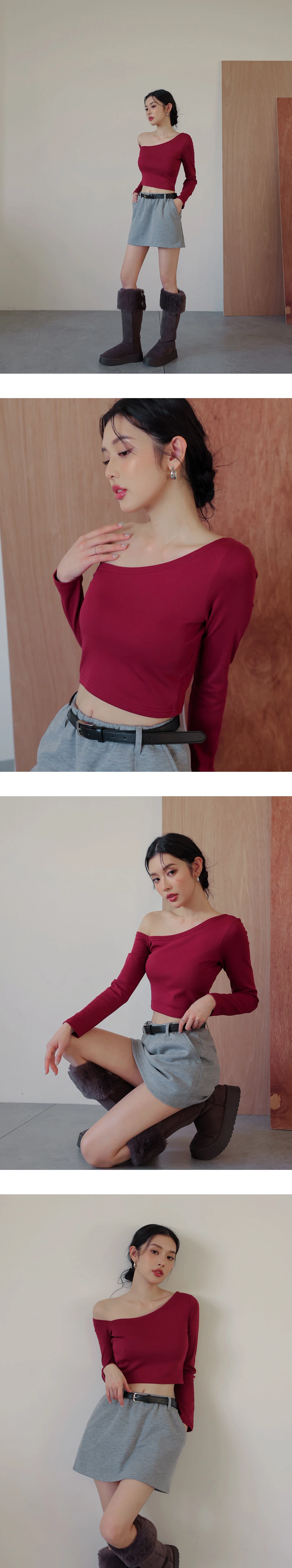 Sloping Shoulder Smooth Long Sleeve Top (With Padding) Sloping Shoulder Smooth Long Sleeve Top (With Padding)