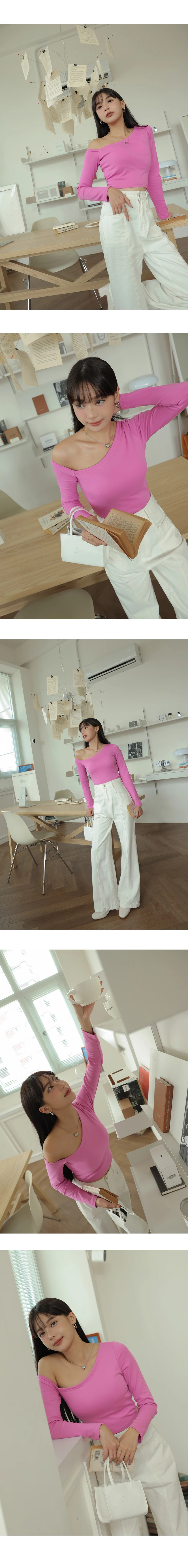 Sloping Shoulder Smooth Long Sleeve Top (With Padding)