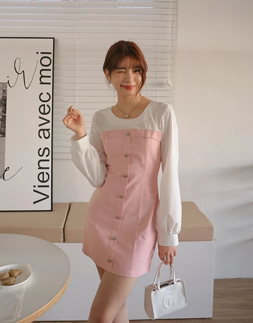 拼接圓領襯衫短洋裝