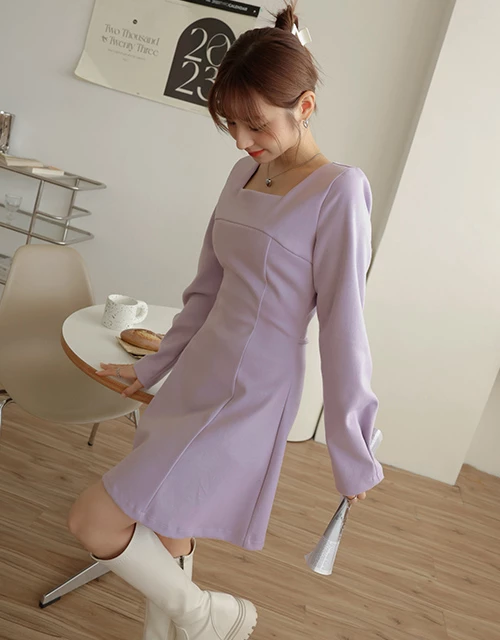 氣質方領傘擺短洋裝