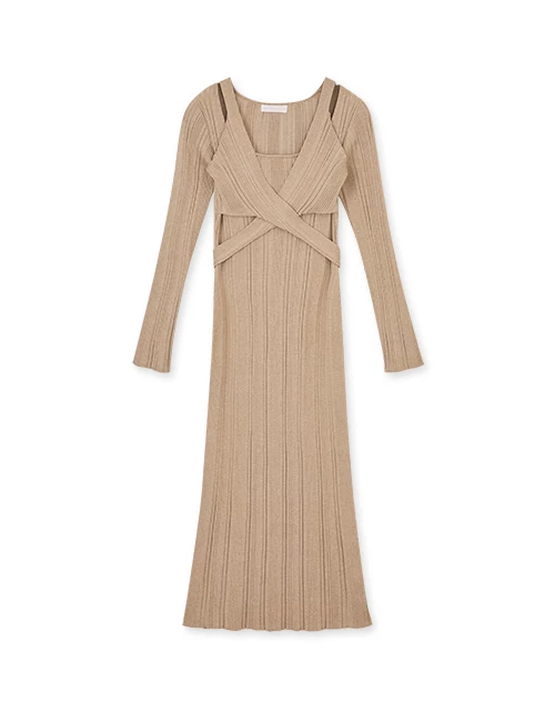 交叉鏤空直紋包臀長洋裝