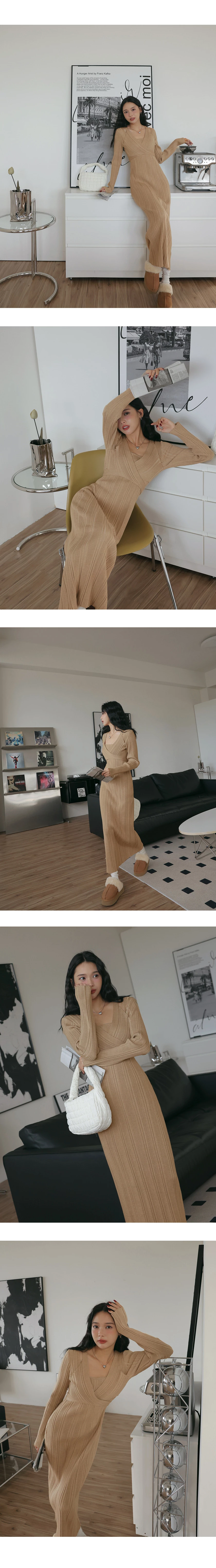 交叉鏤空直紋包臀長洋裝